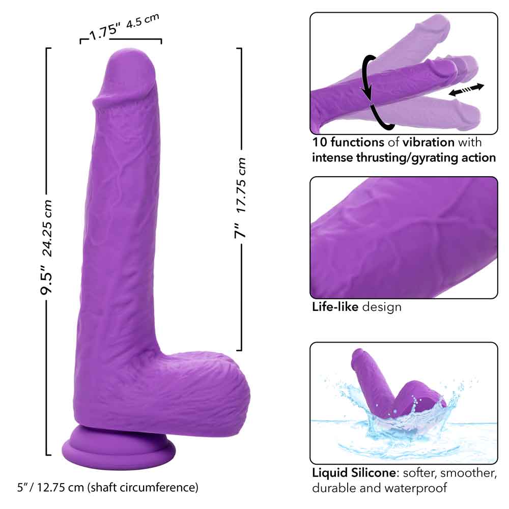 Purple rechargeable gyrating and thrusting silicone stud with suction cup base and life-like design.