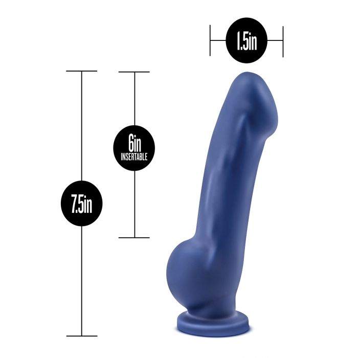 Blush Avant D8 Silicone Dildo in Ergo Indigo with ergonomic design and realistic silicone texture, 7.5 inches length, 1.5 inches diameter.