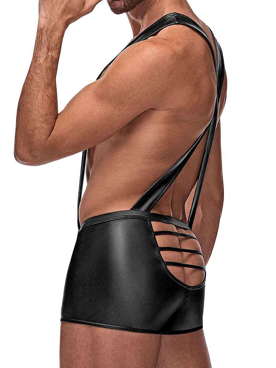 Black Cage Matte Cage Back Singlet with crisscross straps and wet-look finish on male model