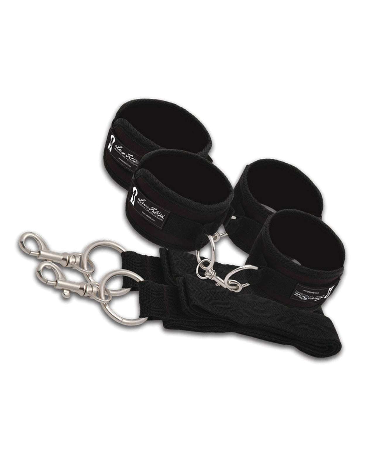 Lux Fetish Bed Spreader black adjustable neoprene cuffs with metal swivel clips and straps for bondage restraint play