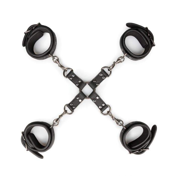 Easy Toys Hogtie with adjustable black faux leather hand and ankle cuffs connected by metal clips for bondage restraint.