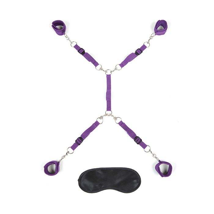 Purple Lux Fetish Bed Spreader with adjustable neoprene cuffs and black blindfold for bondage play