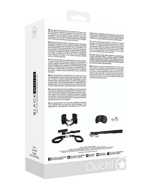 Black Shots Ouch Bed Post Bindings Restraint Kit with wrist and ankle cuffs, flogger, eye mask, and sex dice for bedroom play