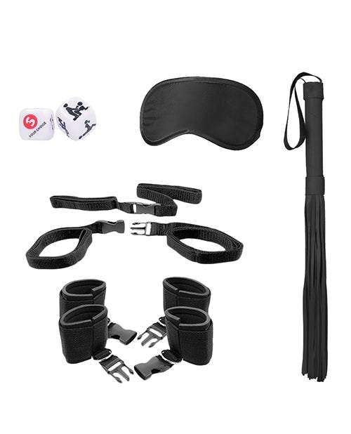 Black bed post bindings restraint kit with wrist and ankle cuffs, flogger, eye mask, and sex dice.