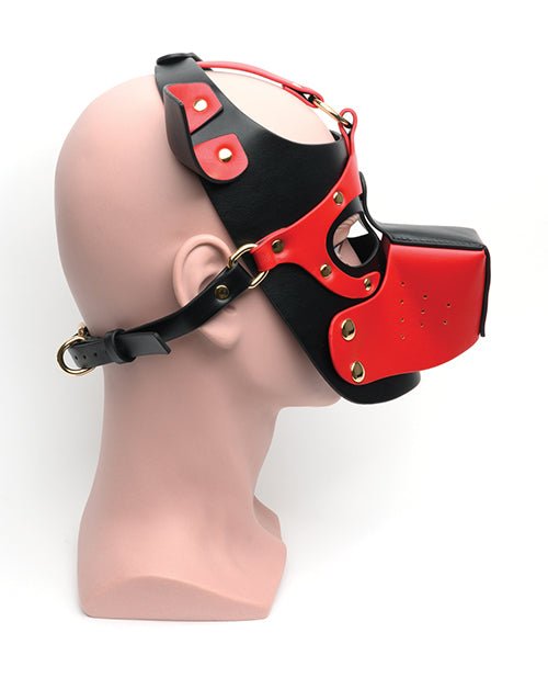 665 Bondage Pup Hood in black and red PU material with alloy hardware displayed on a mannequin head