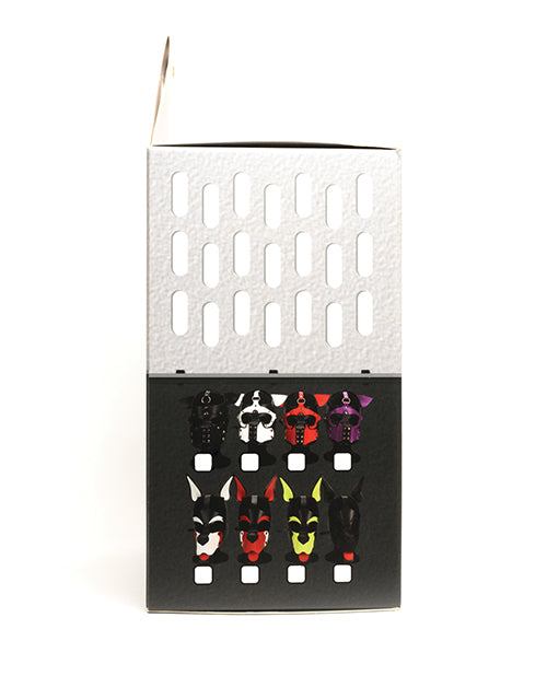 Packaging box displaying multiple color options of 665 Bondage Pup Hood in black, red, white, yellow, and purple designs.