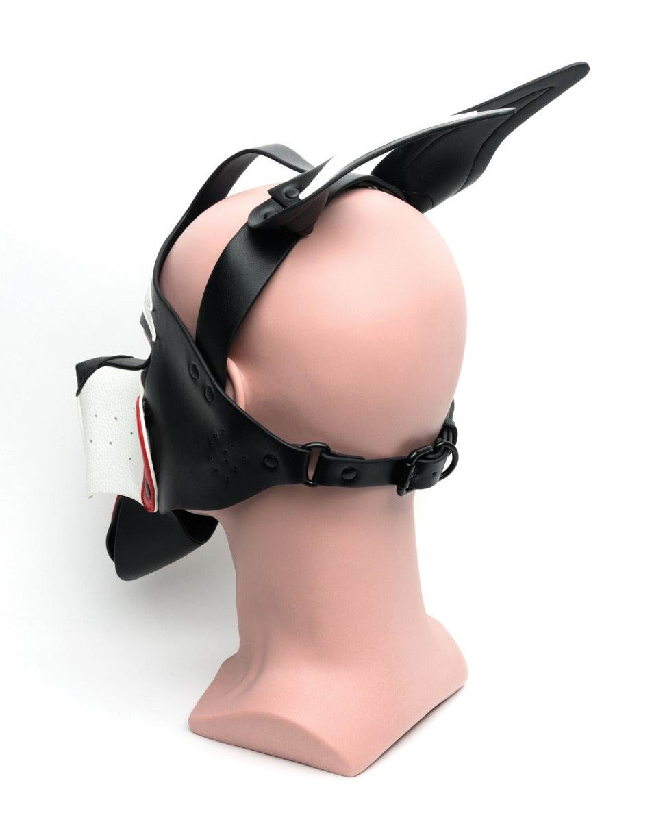 665 Playful Pup Hood in black, white, and red PU material with alloy hardware displayed on a mannequin head side view