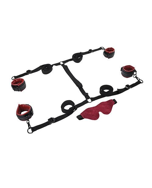 Saffron Under the Bed adjustable restraint system with black straps and red cushioned cuffs and blindfold
