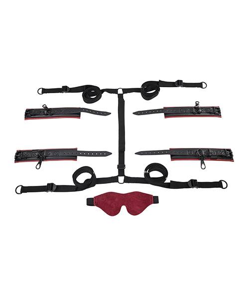 Saffron Under the Bed adjustable black and red restraint system with cuffs and blindfold for intimate use