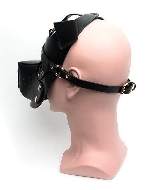 665 Bondage Pup Hood in black PU material with adjustable straps and alloy hardware displayed on mannequin head