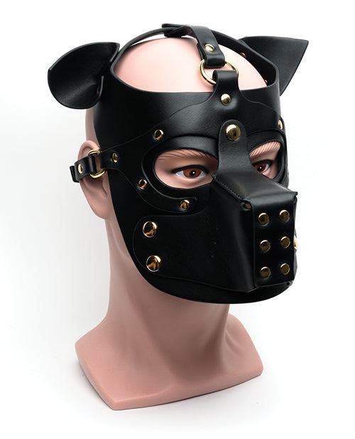 665 Bondage Pup Hood black PU leather fetish hood with adjustable straps and metallic studs