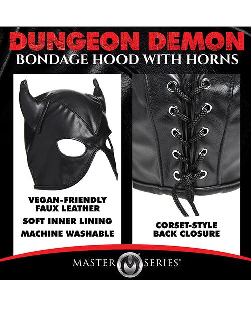 Black vegan-friendly faux leather Dungeon Demon bondage hood with horns, soft inner lining, and corset-style back closure.