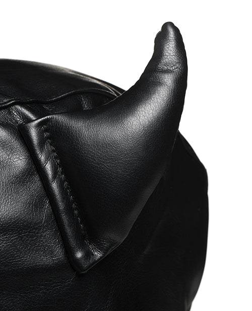 Close-up of black PU leather horn detail on Master Series Dungeon Demon Hood with a sleek, textured finish.