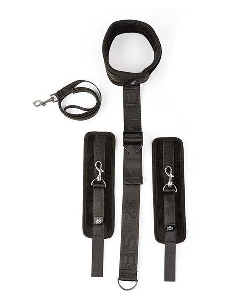 Sei Mio Neck Firmly in Check adjustable black neck and wrist restraint kit for bondage and erotic play