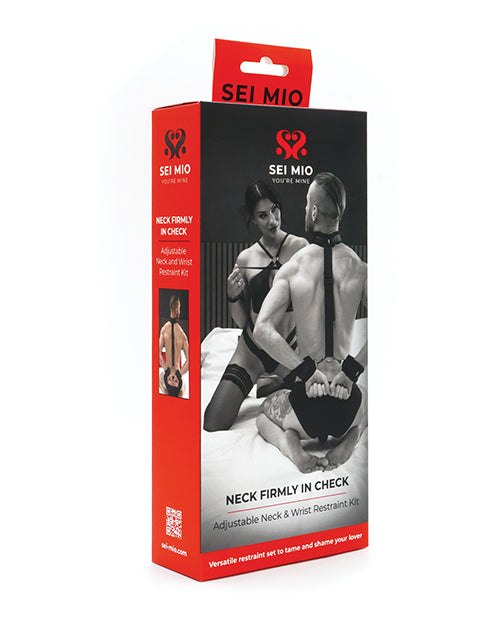 Sei Mio Neck Firmly in Check adjustable black neck and wrist restraint kit packaging with couple using restraints.