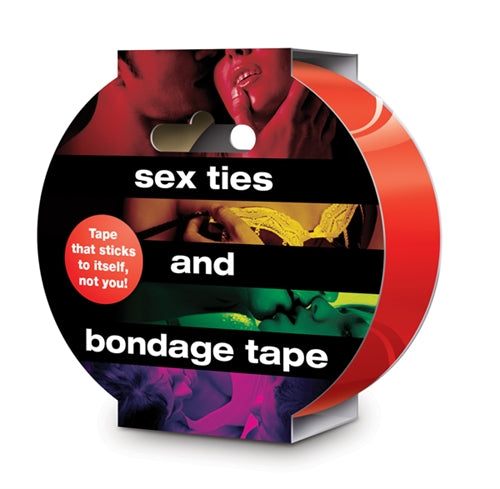 Red sex ties and bondage tape packaging emphasizing tape that sticks to itself, not skin.