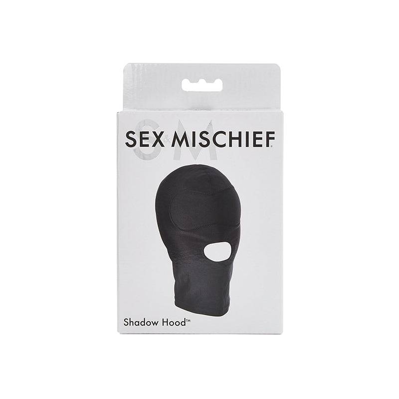 Sportsheets Sex & Mischief Shadow Hood Full-Head Mask in black with open mouth design for intimate play