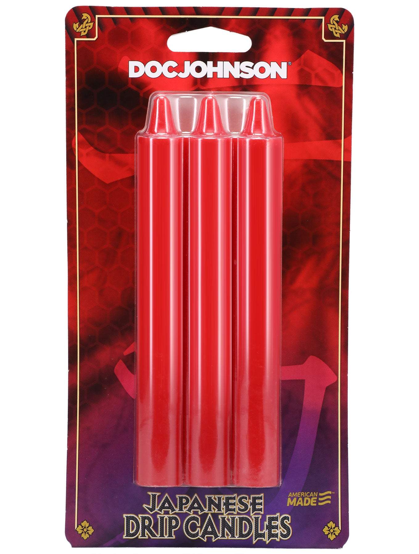 Three-pack of red Japanese Drip Candles in skin-safe, non-toxic wax for sensation play by Doc Johnson
