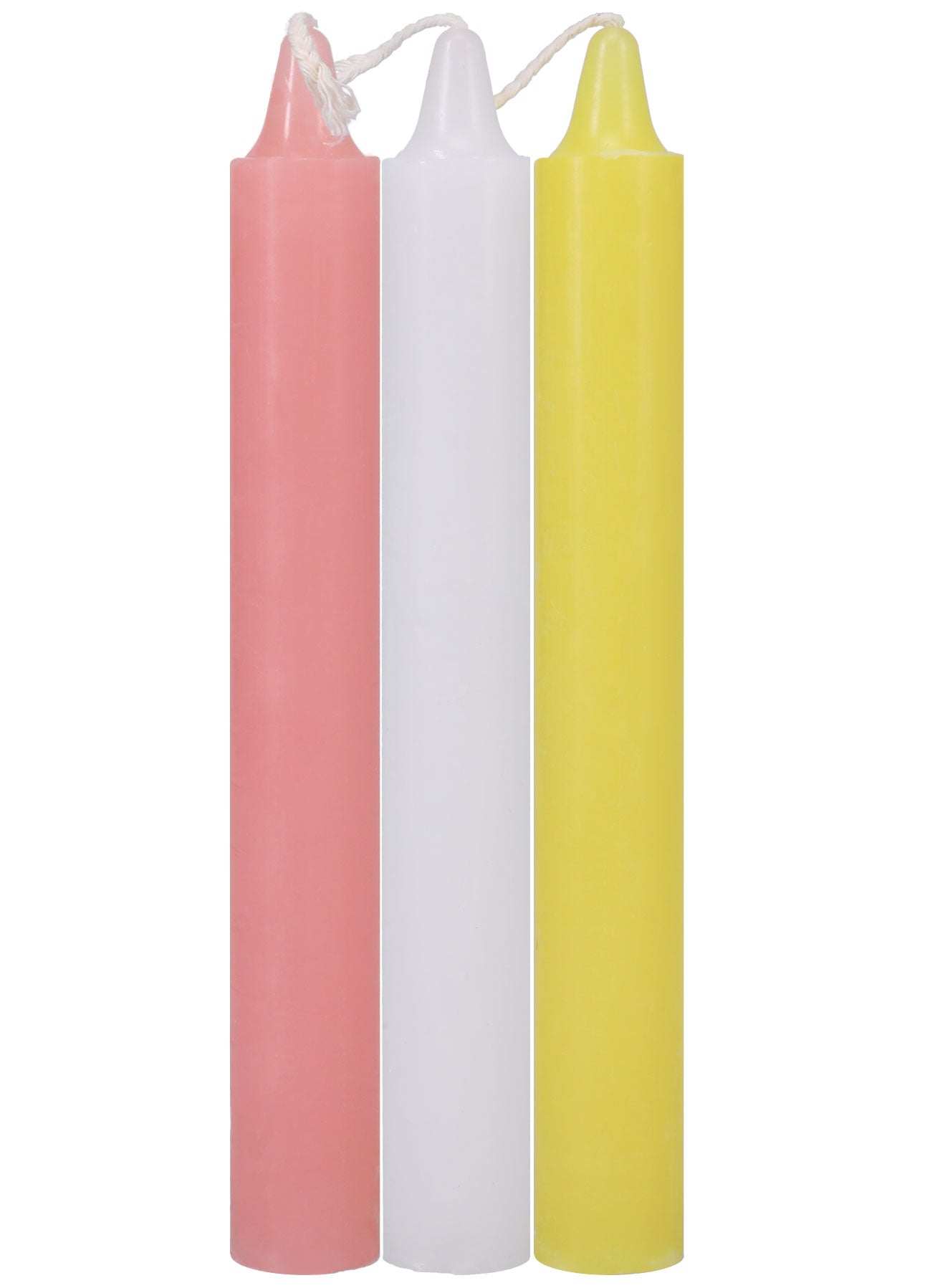 Three Japanese Drip Candles in pink, white, and yellow for sensation play and ambiance enhancement