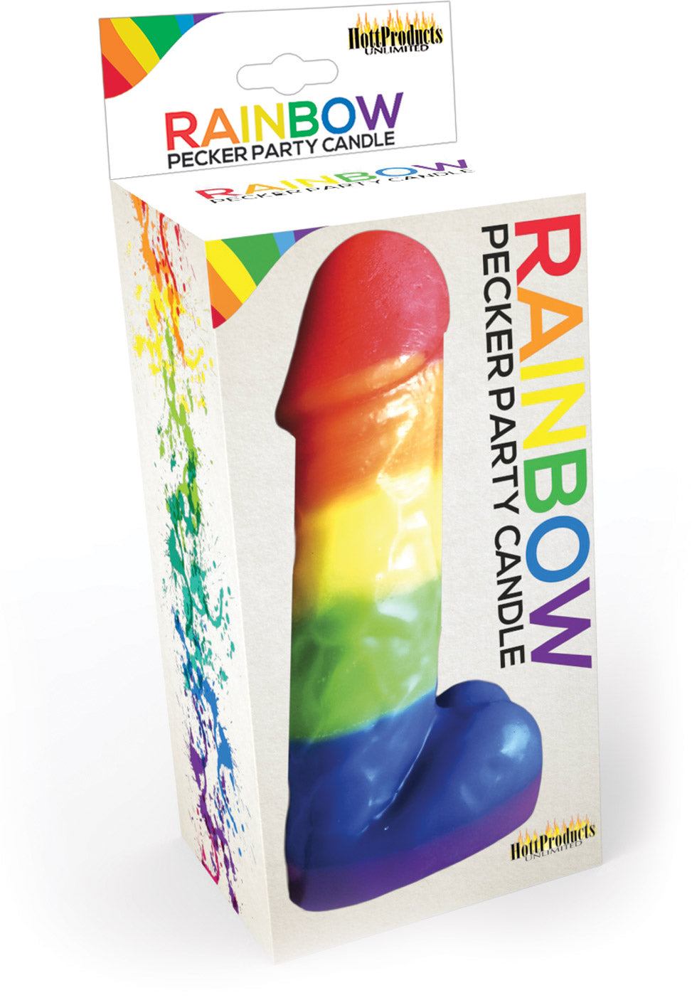 Rainbow Pecker Party Candle in vibrant rainbow colors, 7 inches tall, playful party decoration