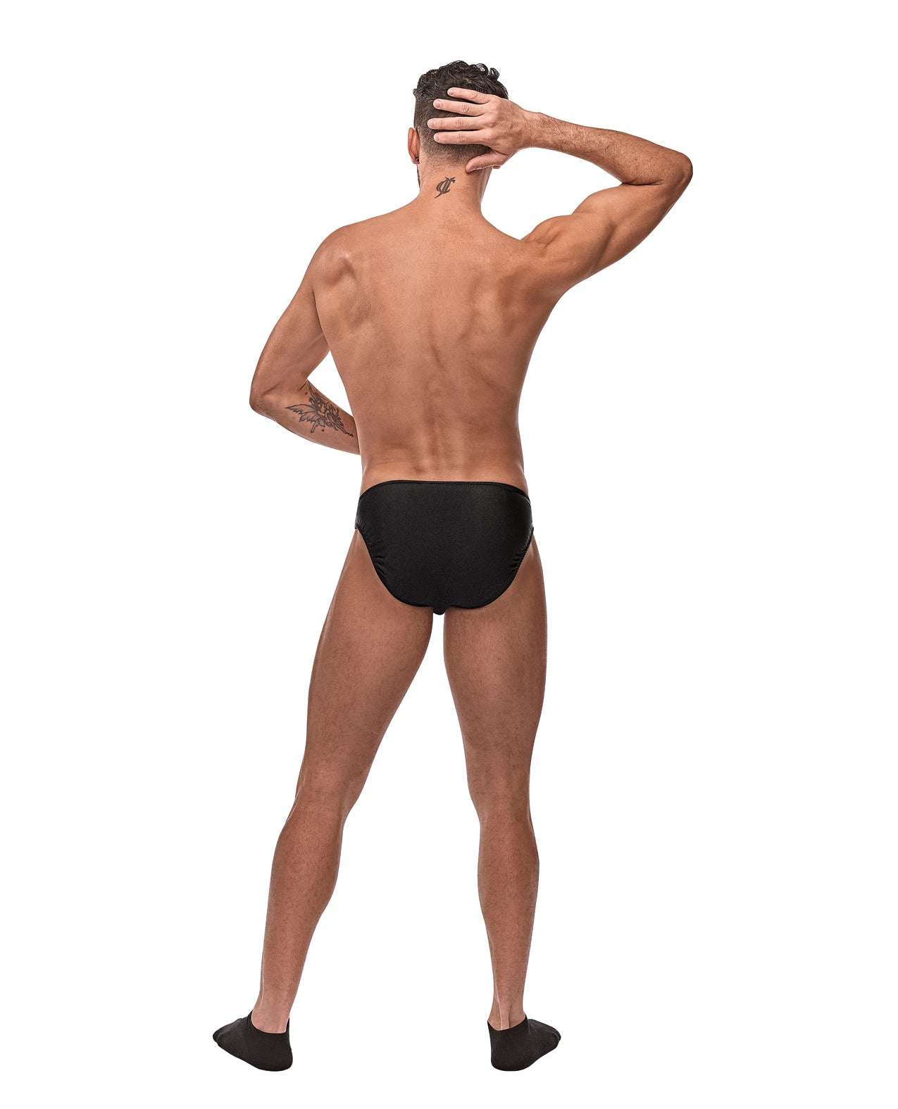Man wearing Male Power Nylon Spandex black pouchless brief from back view