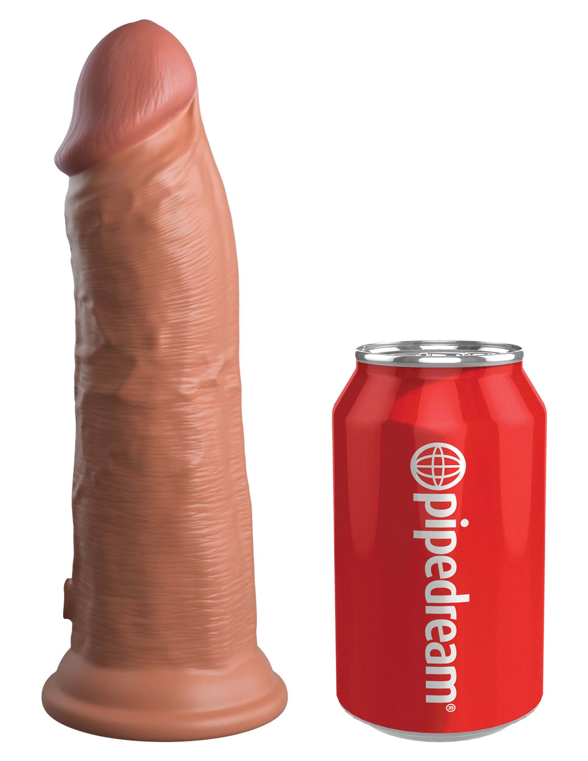 King Cock Elite 8 Inch Tan Silicone Dual Density Dildo with Suction Cup Next to Red Soda Can