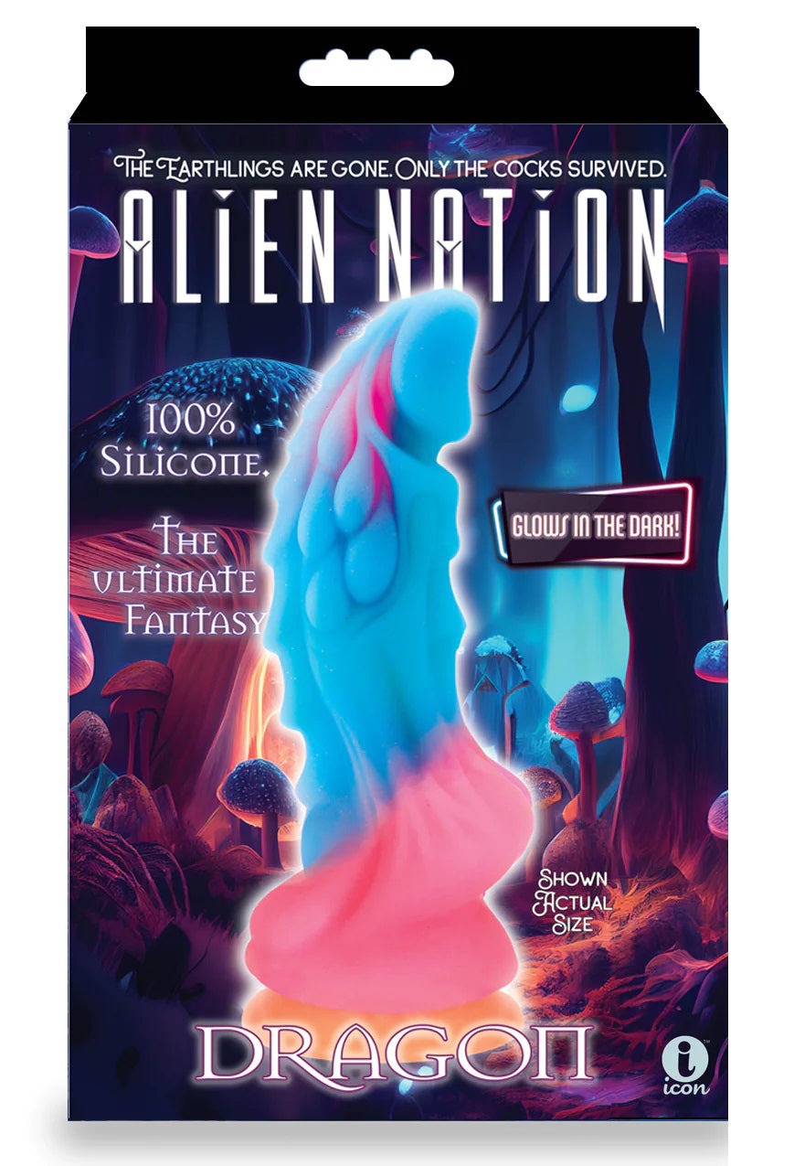 Alien Nation Dragon multicolor silicone glow-in-the-dark creature dildo with suction base and textured design