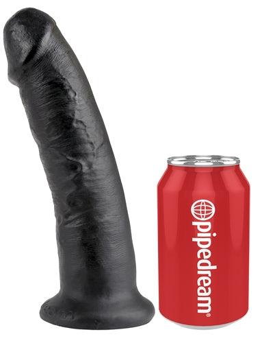 King Cock Collection realistic black dildo with suction base next to a soda can for size comparison
