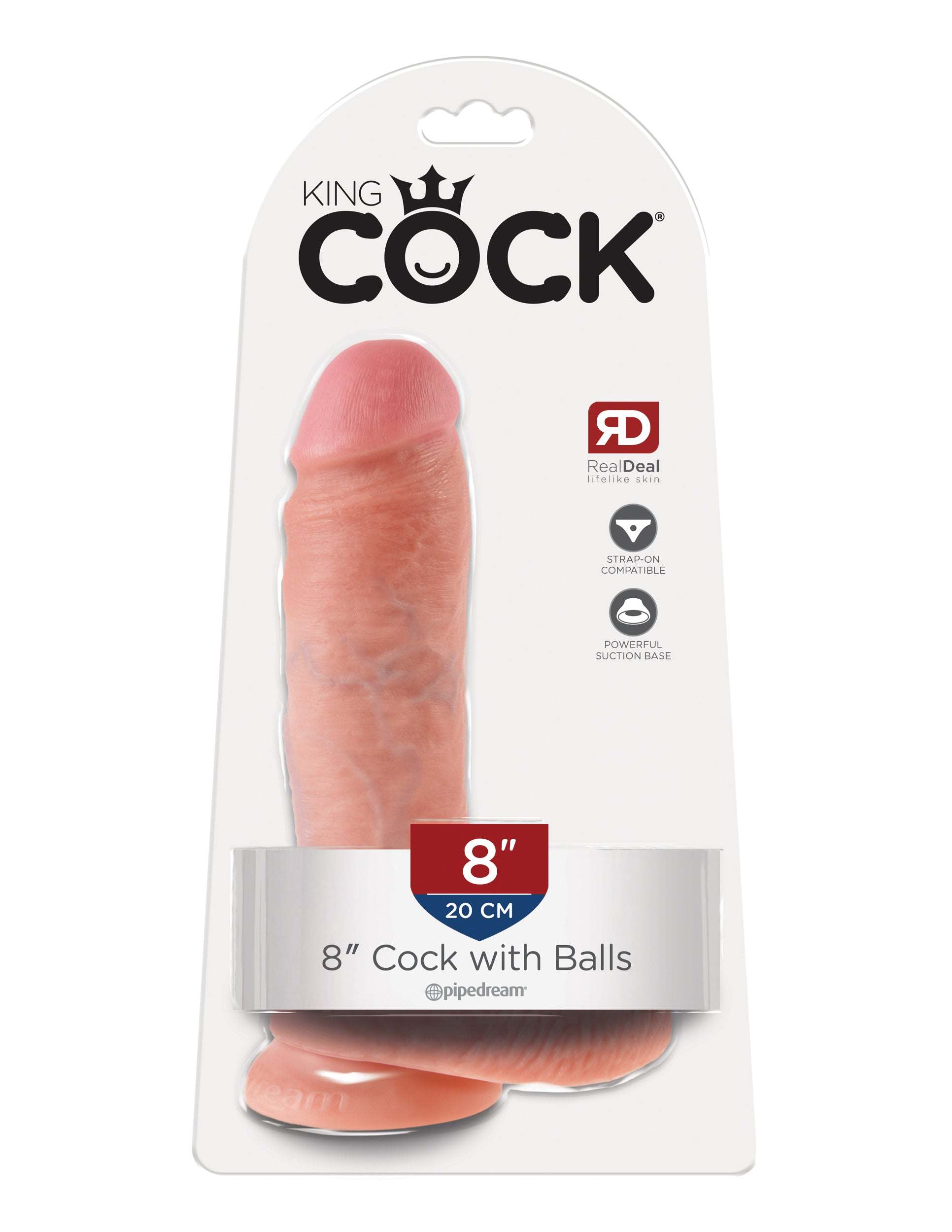 King Cock Collection 8-inch realistic dildo with pronounced veins, defined head, soft-firm texture, suction cup base, and sculpted testicles for intense pleasure.