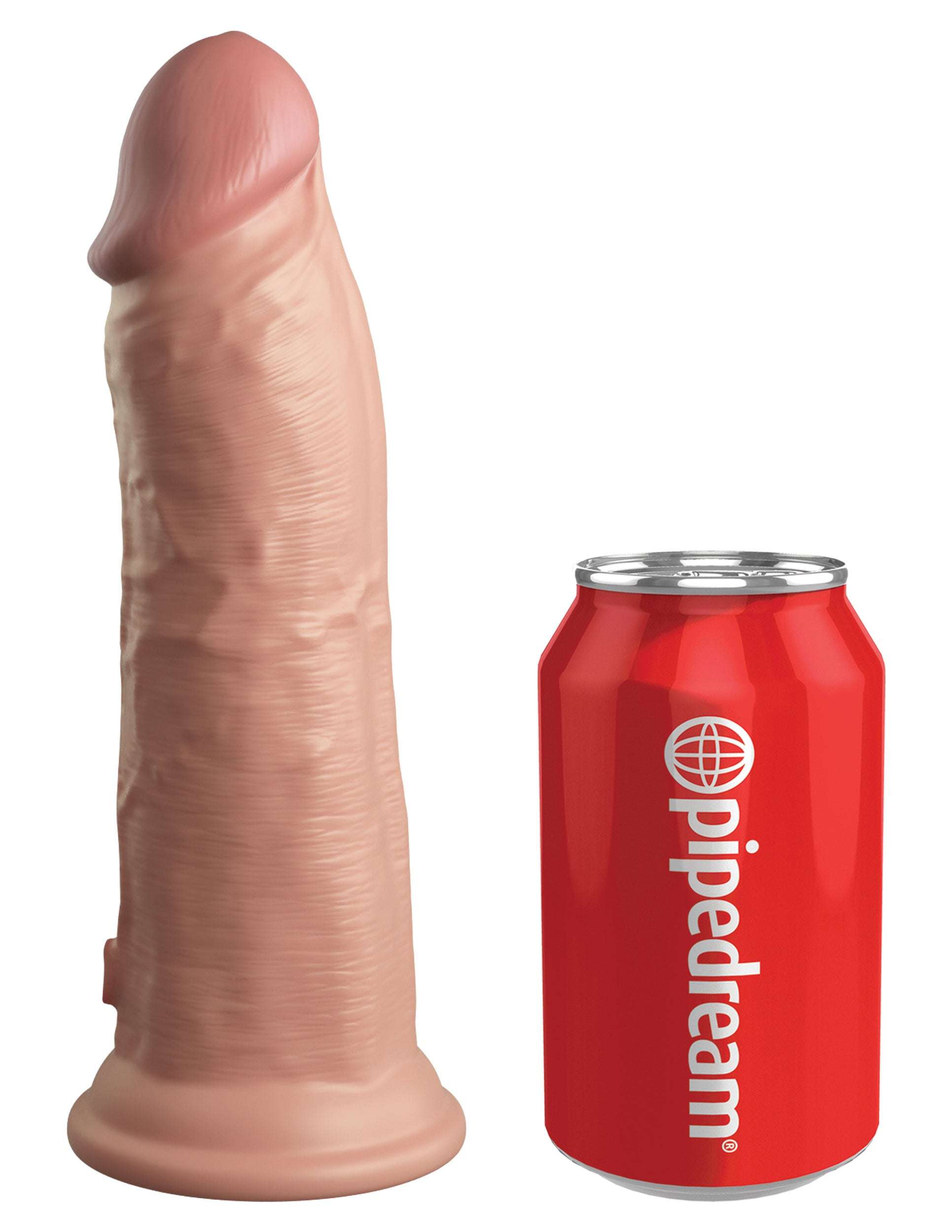 King Cock Elite 8 inch dual density silicone dildo in light tone with suction base next to a red Pipedream soda can for size comparison