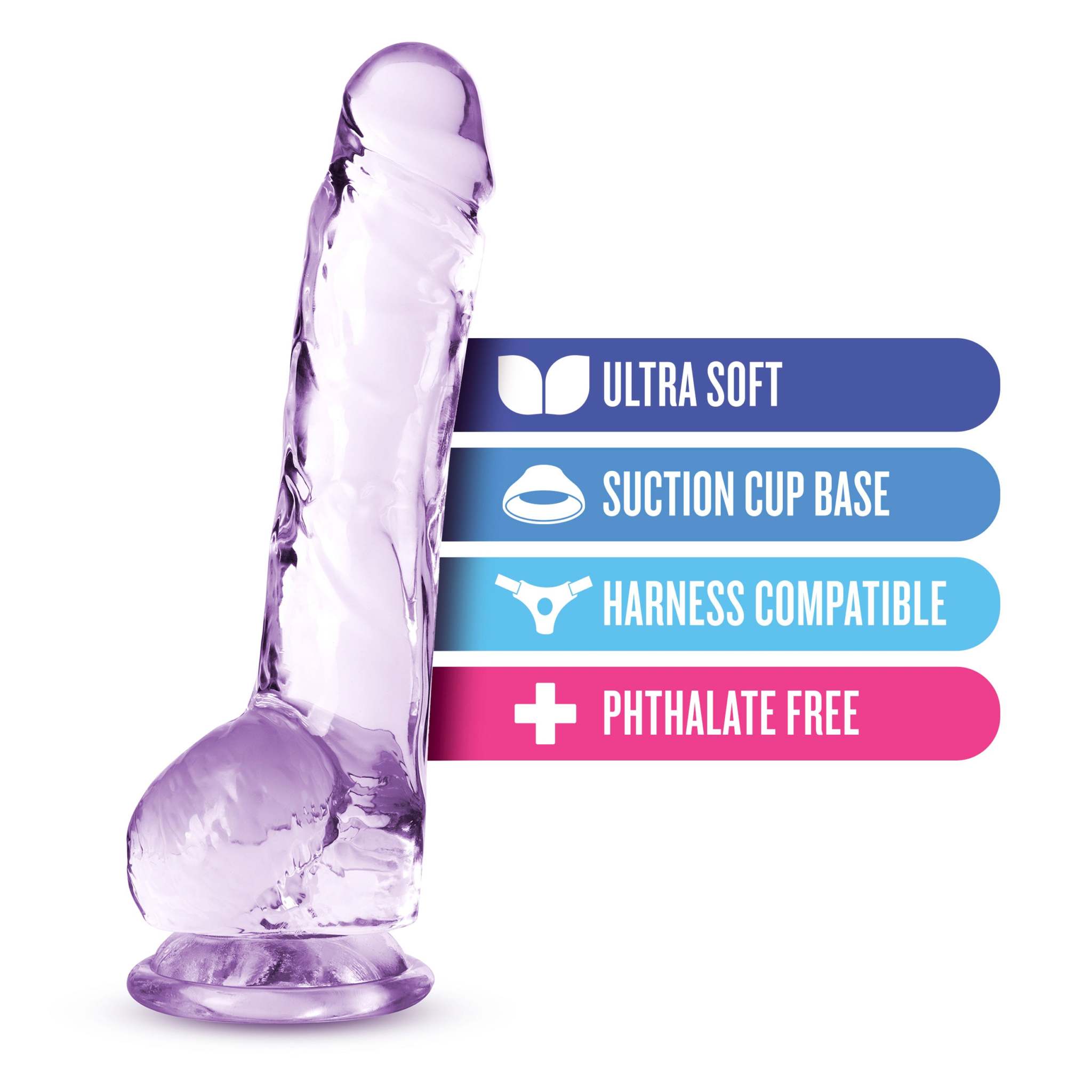 Naturally Yours 8 inch crystalline amethyst dildo with ultra-soft texture, suction cup base, harness compatible, and phthalate free