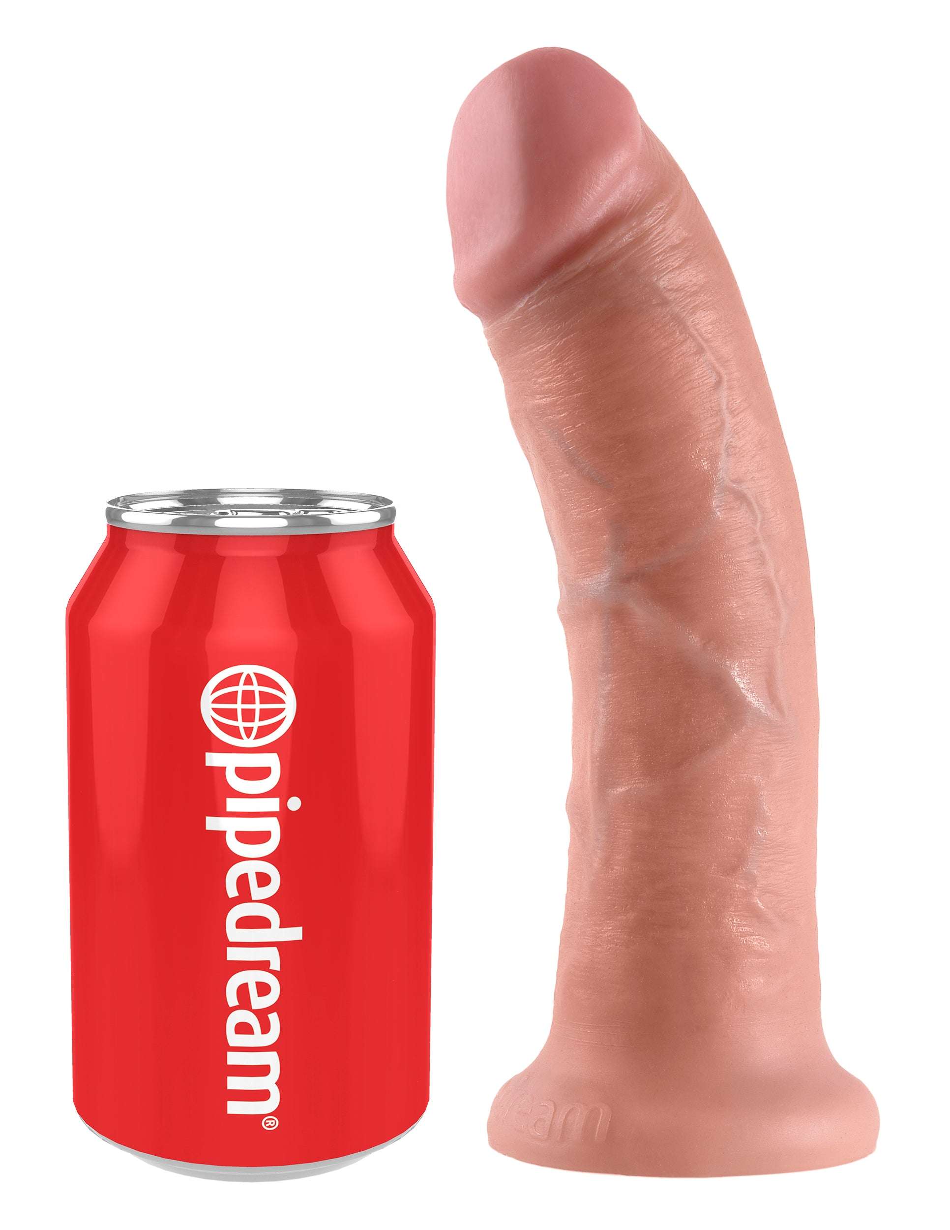 King Cock 8-Inch Cock realistic flesh-tone dildo with suction base next to red soda can for size comparison