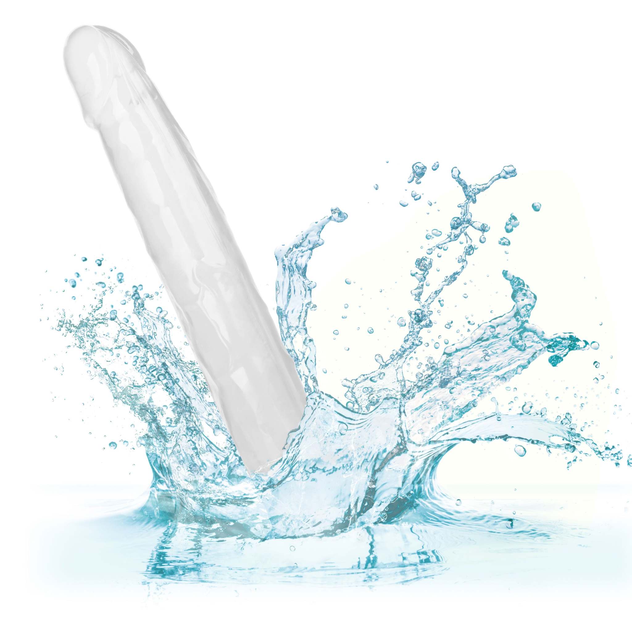 Clear Size Queen 12 inch realistic dildo with suction base splashing in water, waterproof pleasure toy