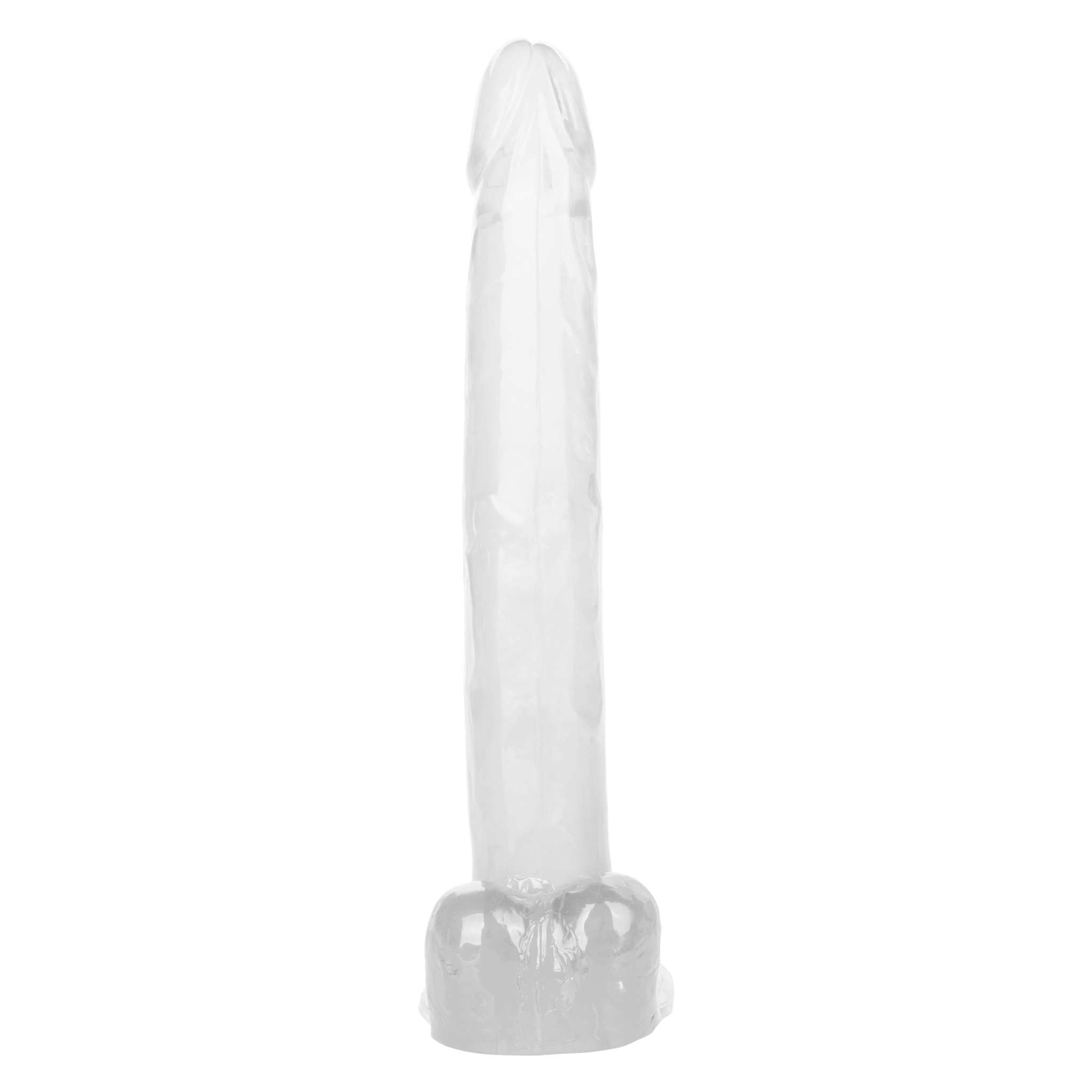 Clear 12 inch Size Queen dildo with realistic head, veins, and suction cup base for secure placement.