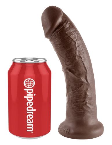 King Cock Collection realistic dark brown dildo with suction base next to a soda can for size comparison