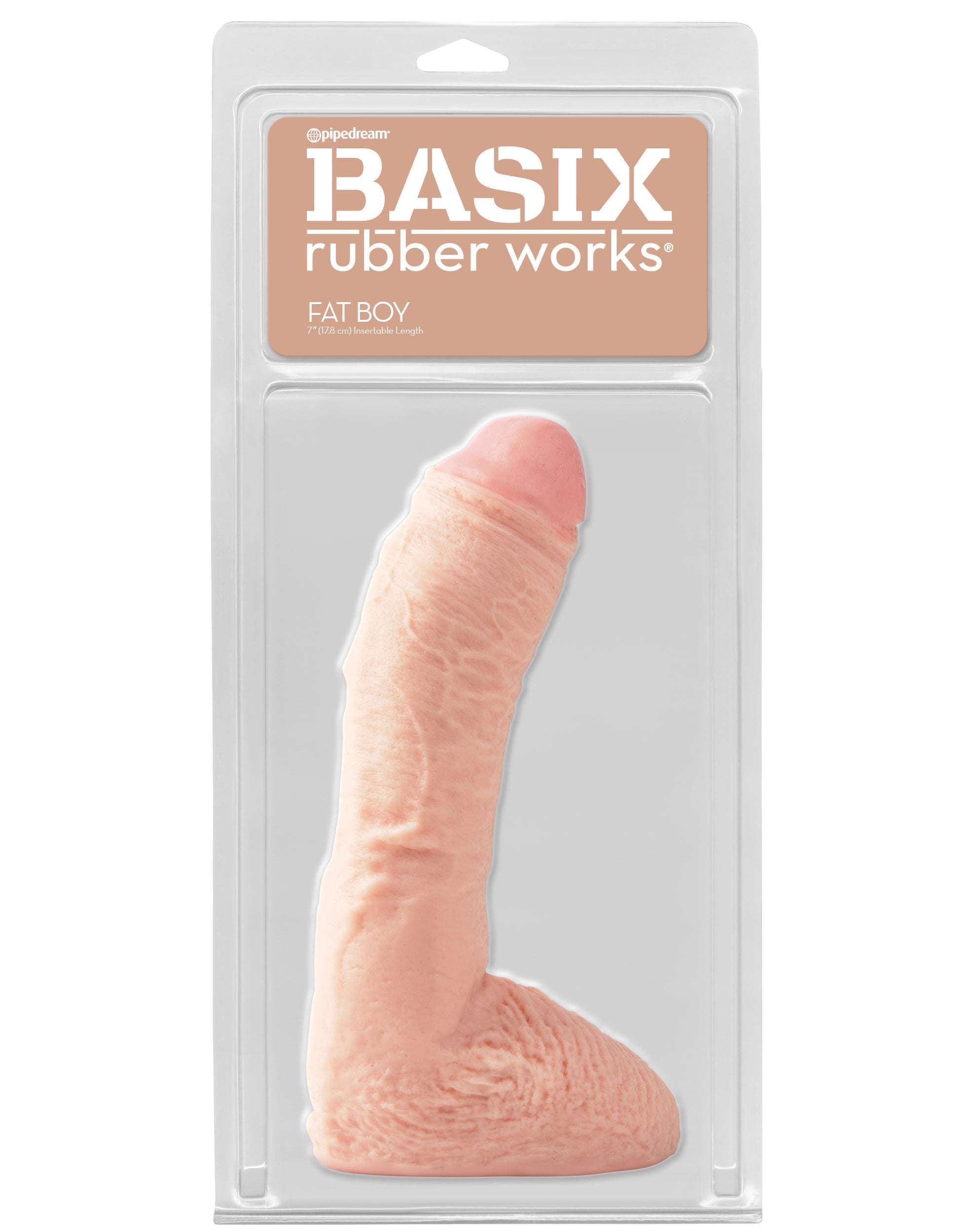 Basix Rubber Works 10 Inch Fat Boy realistic flesh-tone dildo in clear packaging