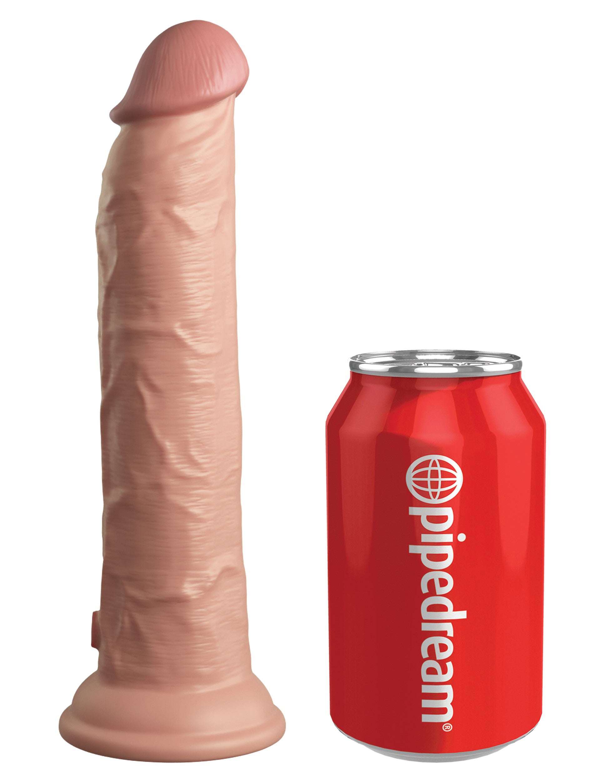 King Cock Elite 9 inch dual density silicone dildo in light color with suction cup base next to a red can for size comparison