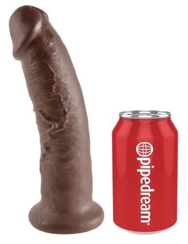 King Cock 9-Inch Cock brown realistic dildo with suction base next to soda can for size comparison