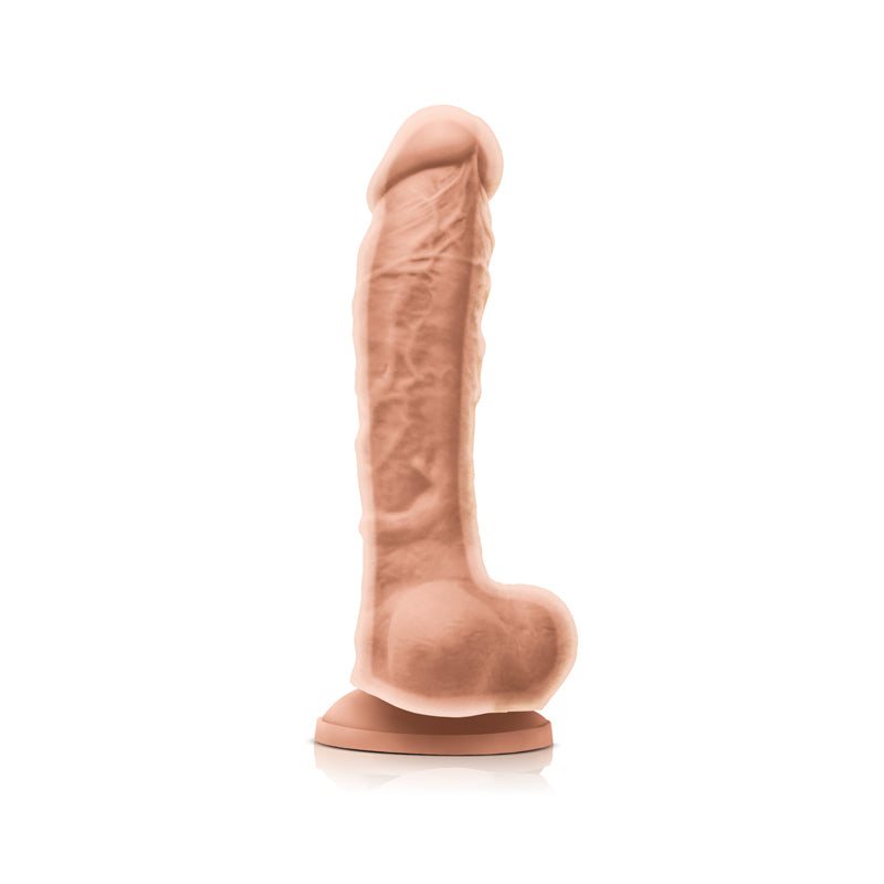 White 8 inch dual density dildo with realistic texture and suction base
