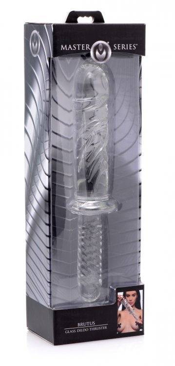 Clear Brutus Glass Dildo Thruster with textured ridges and grooved handle in retail packaging