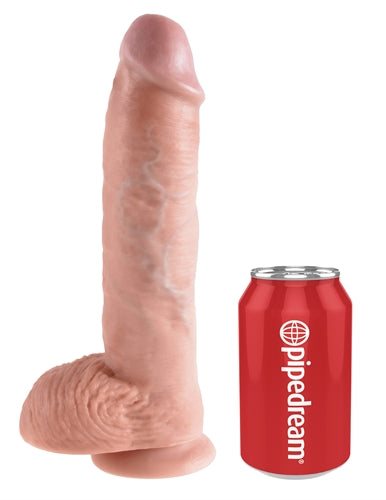 Realistic dildo from King Cock Collection with lifelike veins and suction base next to soda can for size comparison