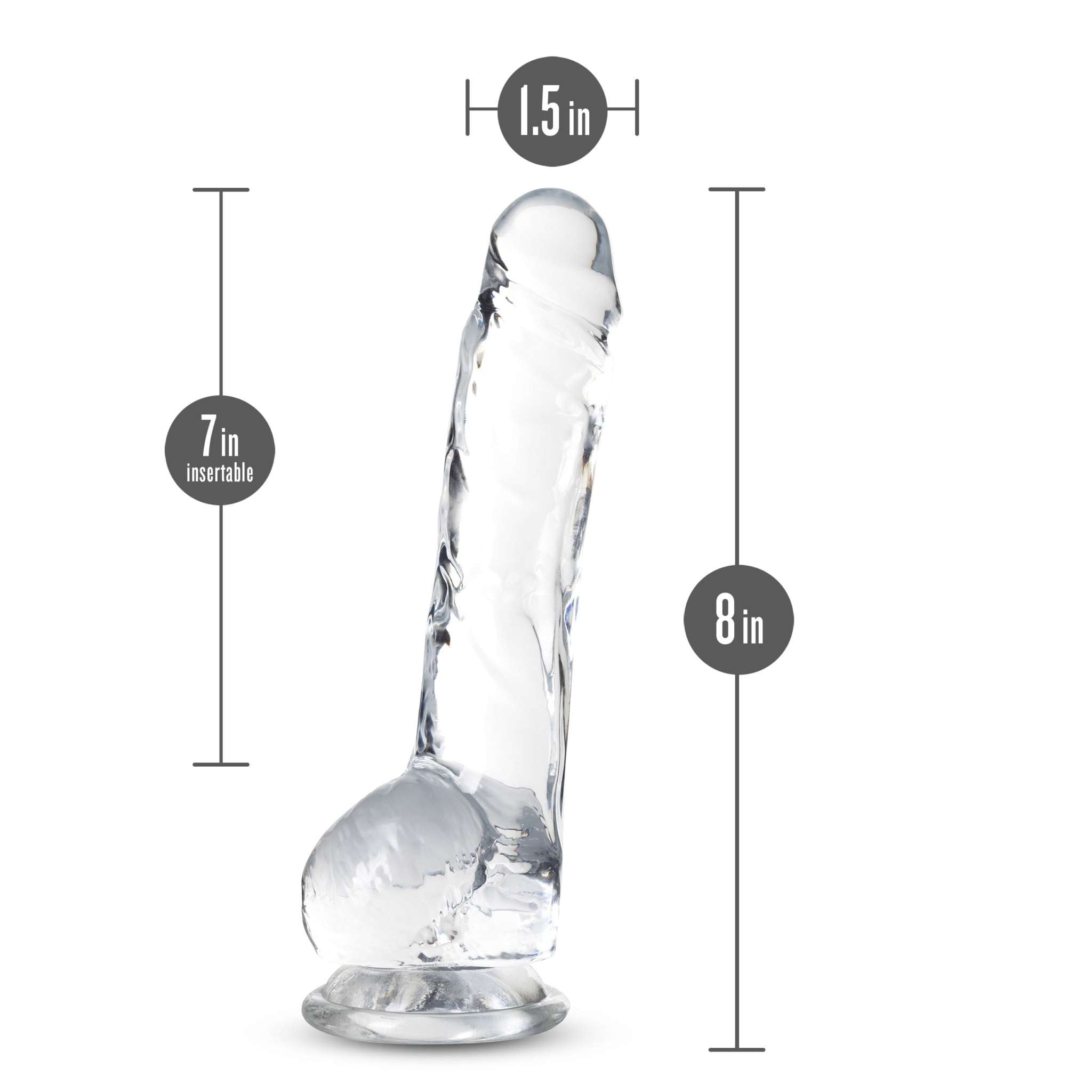 Naturally Yours 8 inch crystalline clear dildo with suction cup base, body-safe TPE, 1.5 inch width, lifelike design