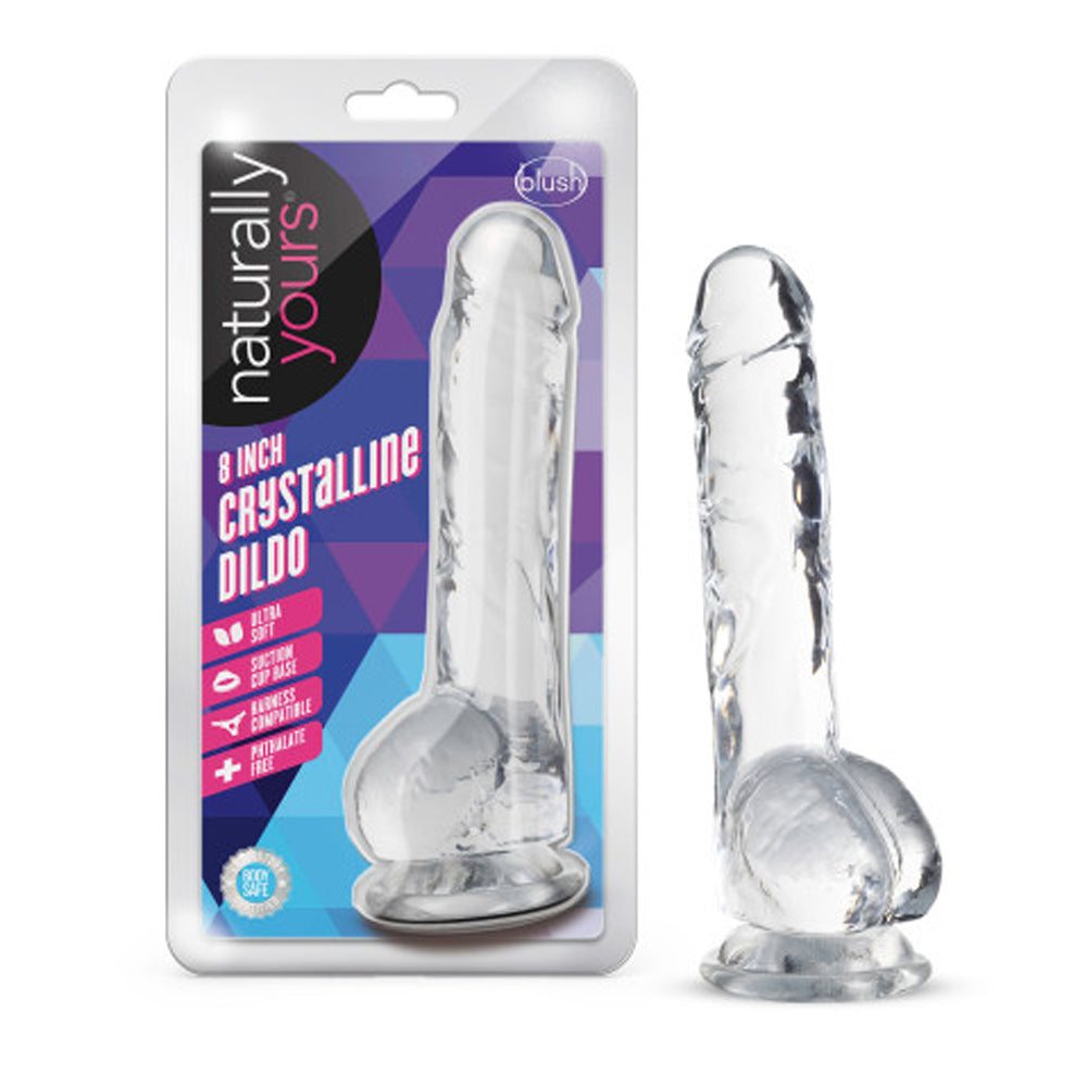 Naturally Yours 8 inch crystalline dildo with suction base, body-safe TPE material, lifelike design, and harness compatible.