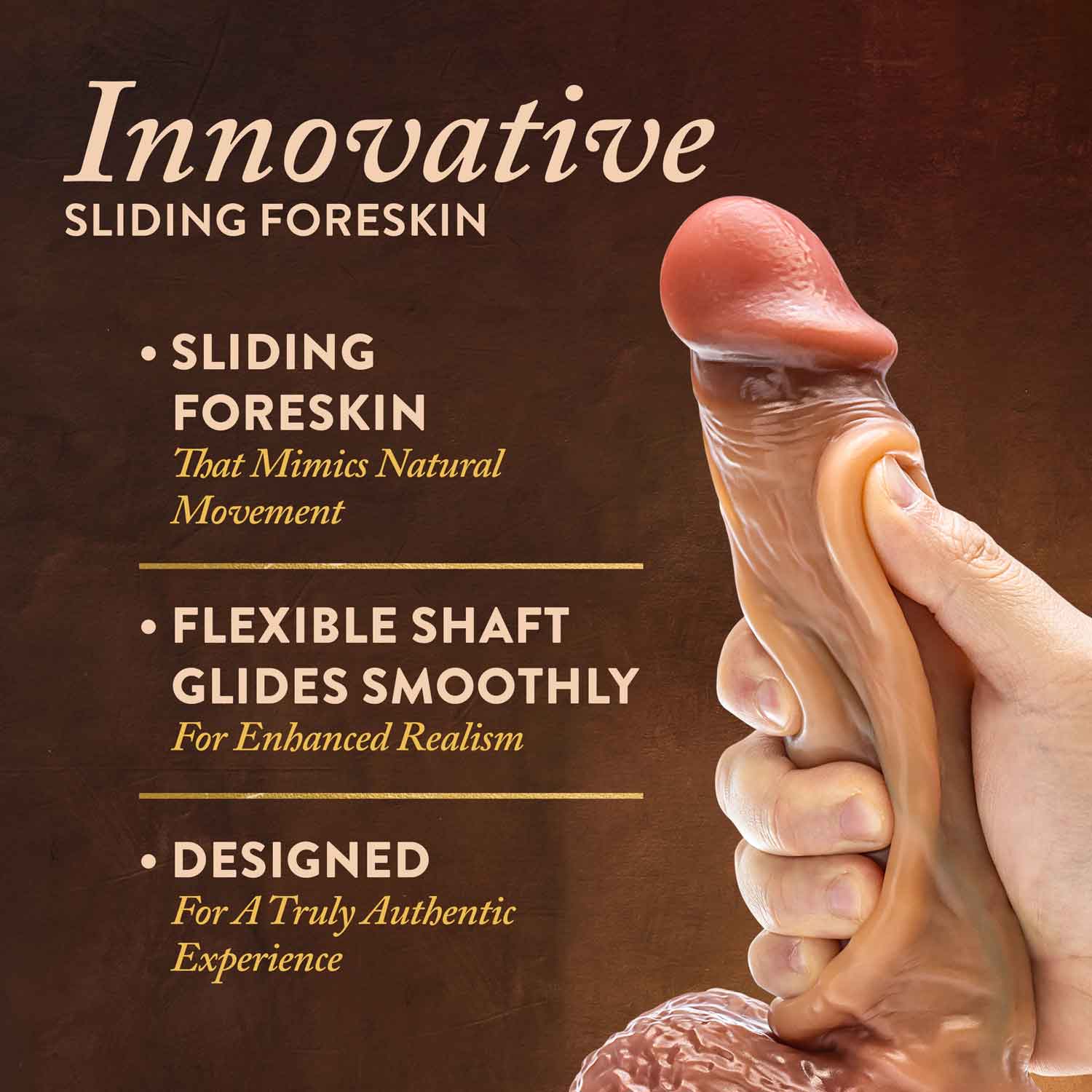 Renaissance Raphael 9.5-inch sliding foreskin dildo with flexible shaft and squeezable balls in tan for realistic pleasure
