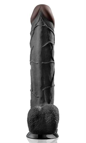Real Feel Deluxe 12-inch black lifelike dildo with suction cup base and soft phthalate-free material