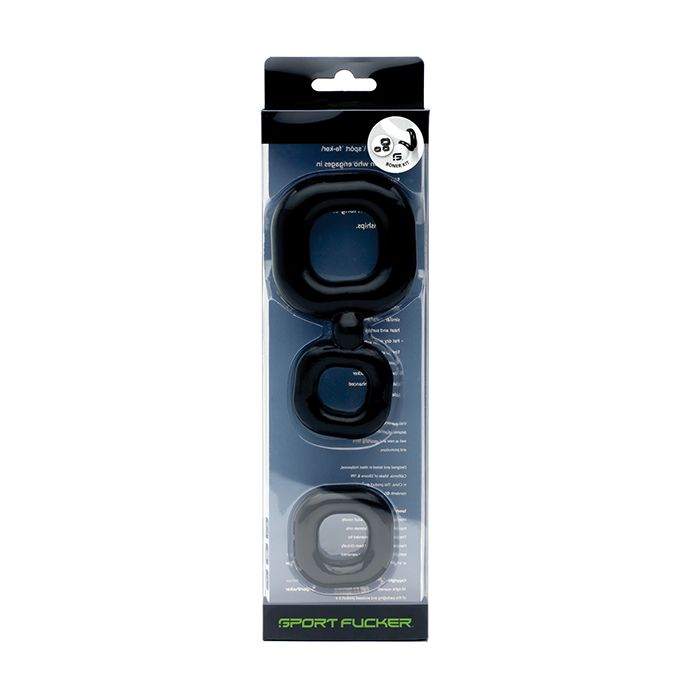 Sport Fucker Boner Kit black stretchable TPR square cockrings with ball stretcher in packaging