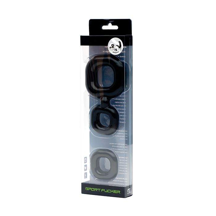 Sport Fucker Boner Kit black stretchable square cockrings with ball stretchers in packaging