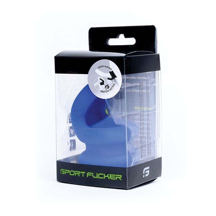 Sport Fucker Switch Hitter versatile blue silicone cock ring and ball stretcher in retail packaging
