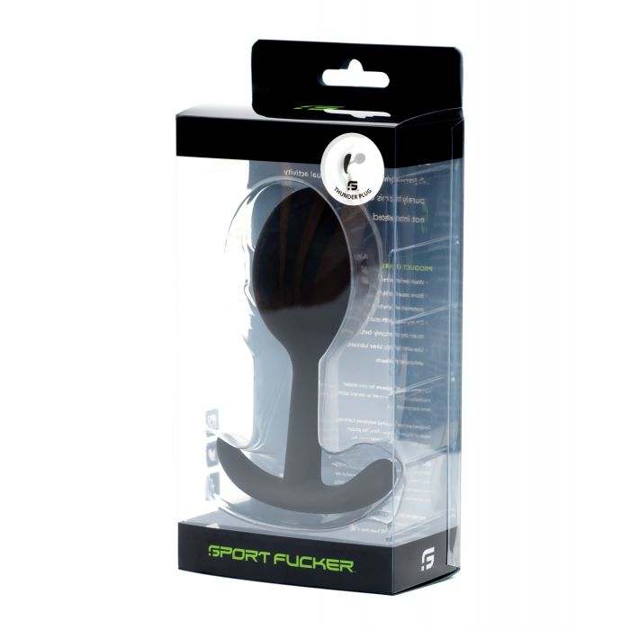 Sport Fucker Thunder Plug Medium black silicone prostate stimulator in clear packaging