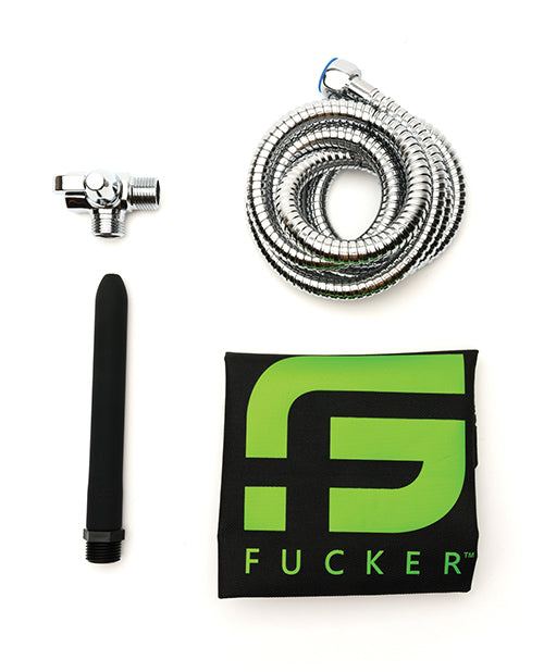 Sport Fucker Shower Kit 6" Black with stainless steel hose, leak-proof diverter, silicone nozzle, and branded pouch for hygiene and portability